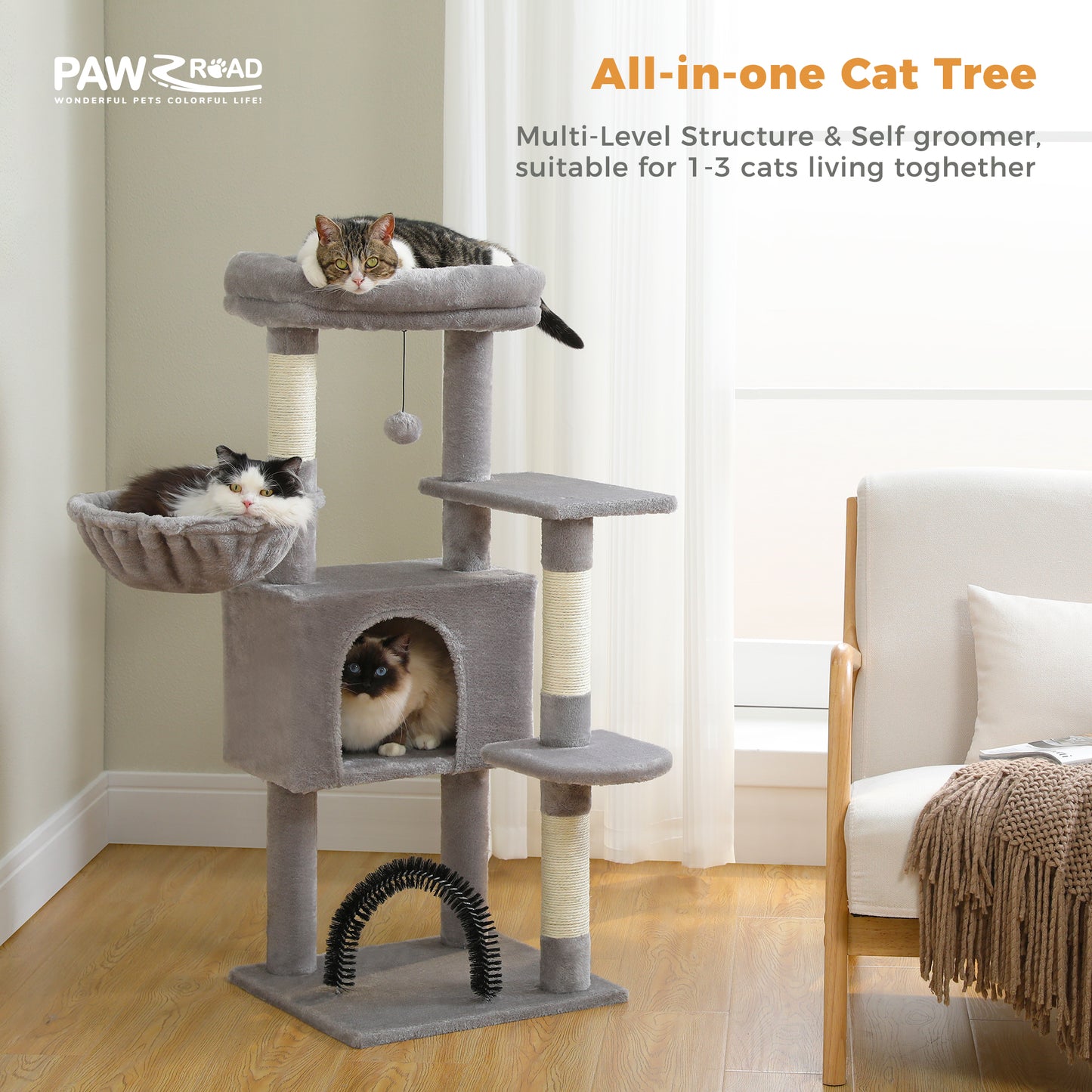 PAWZ Road 106 cm Arbre à chats avec maison de repos et perche à gratter en sisal
