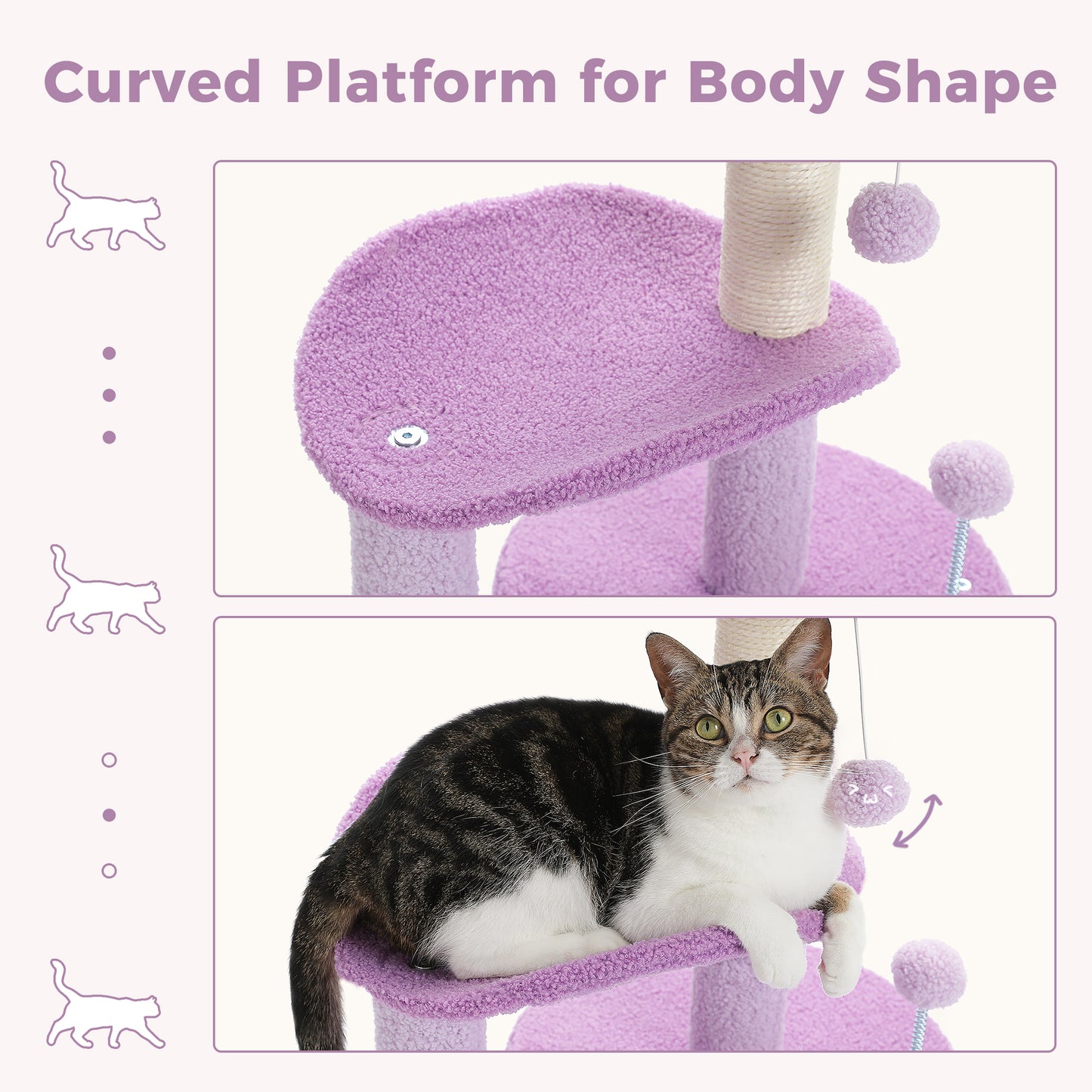 PAWZ Road Cat Tree – 81 cm purple flower cat tree | Sisal scratching posts | Cozy cat house | Cuddly platforms | Fluffy play balls