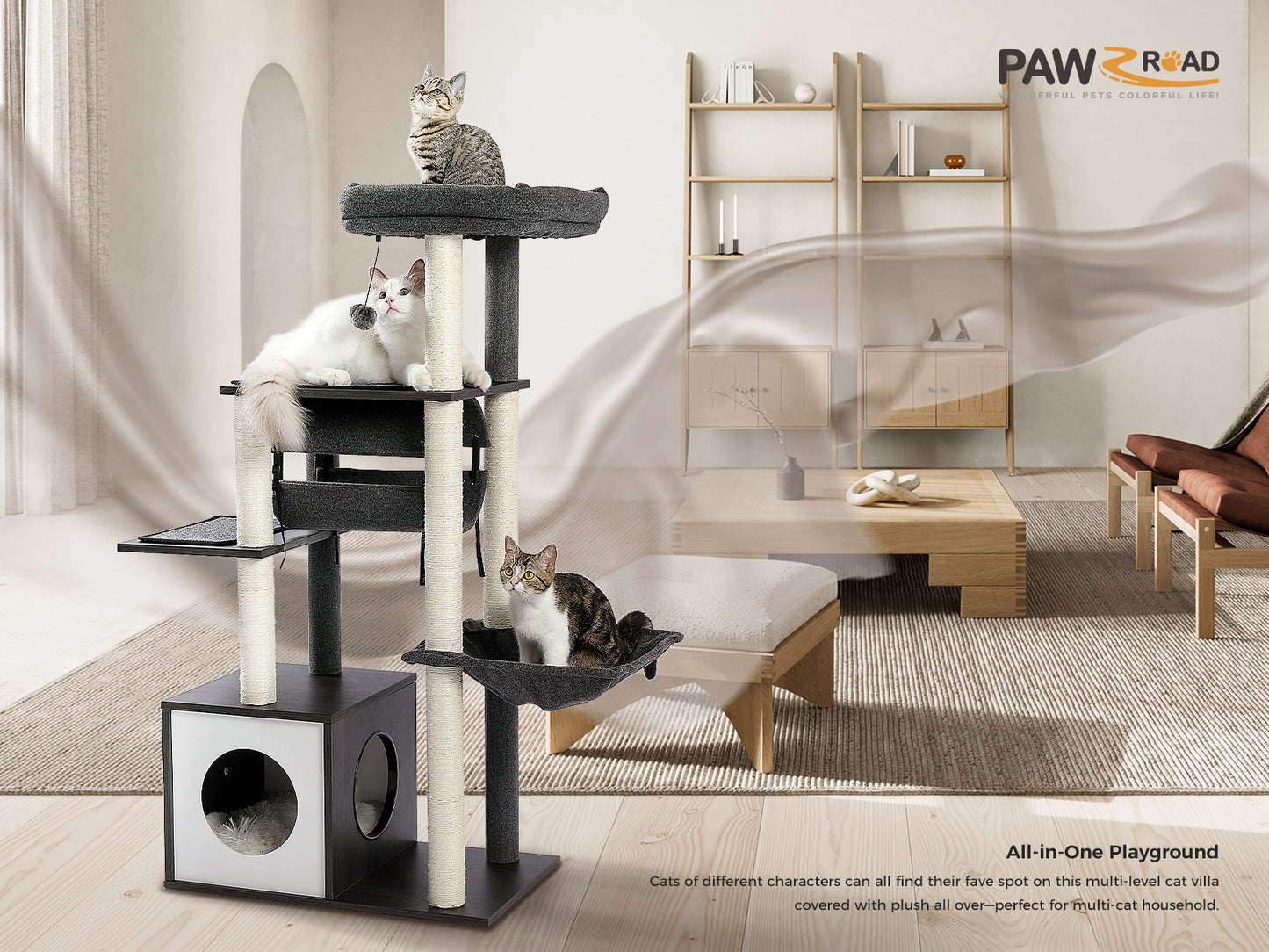 【130cm Extra High】PEQULTI Cat Tree - 51.4″ Multi-Level Platforms｜25.6″×16.9″ XXL Exercise Area"