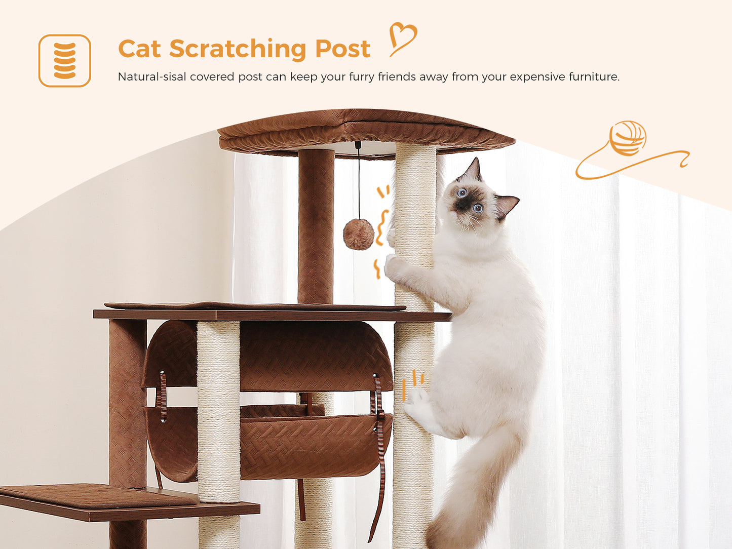 【130cm Extra High】PEQULTI Cat Tree - 51.4″ Multi-Level Platforms｜25.6″×16.9″ XXL Exercise Area"