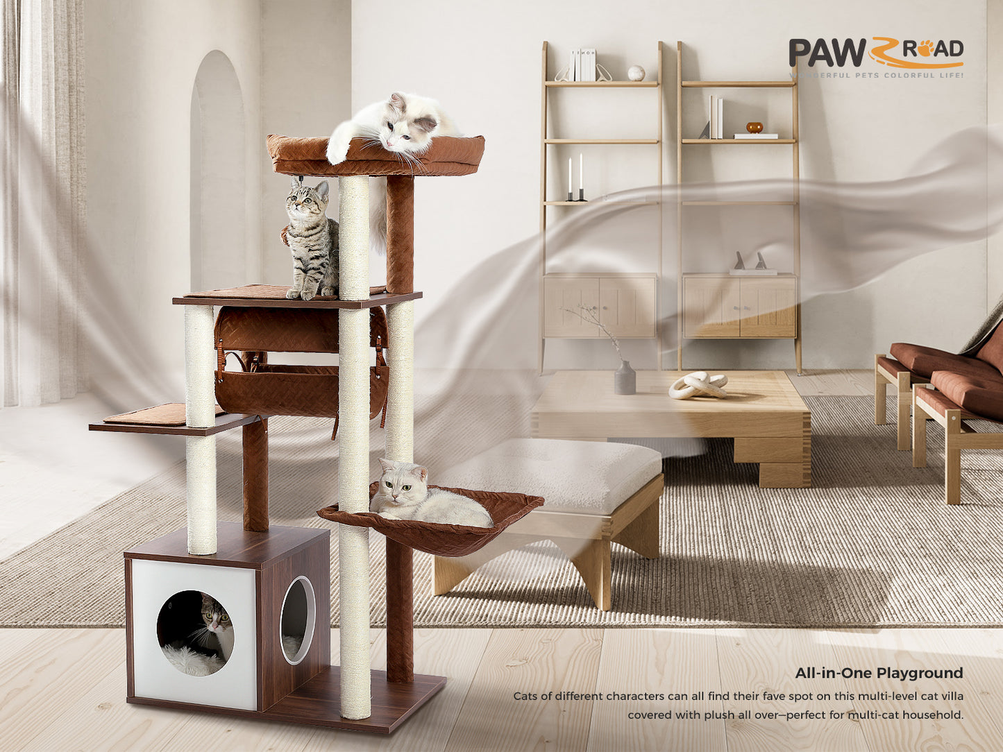 【130cm Extra High】PEQULTI Cat Tree - 51.4″ Multi-Level Platforms｜25.6″×16.9″ XXL Exercise Area"