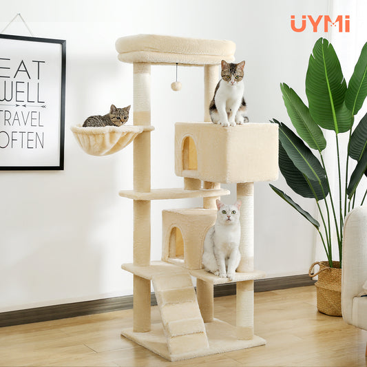 Design salvaspazio: albero per gatti UYMI, amaca girevole + 2 nicchie per dormire, tiragraffi in sisal adatti ai mobili