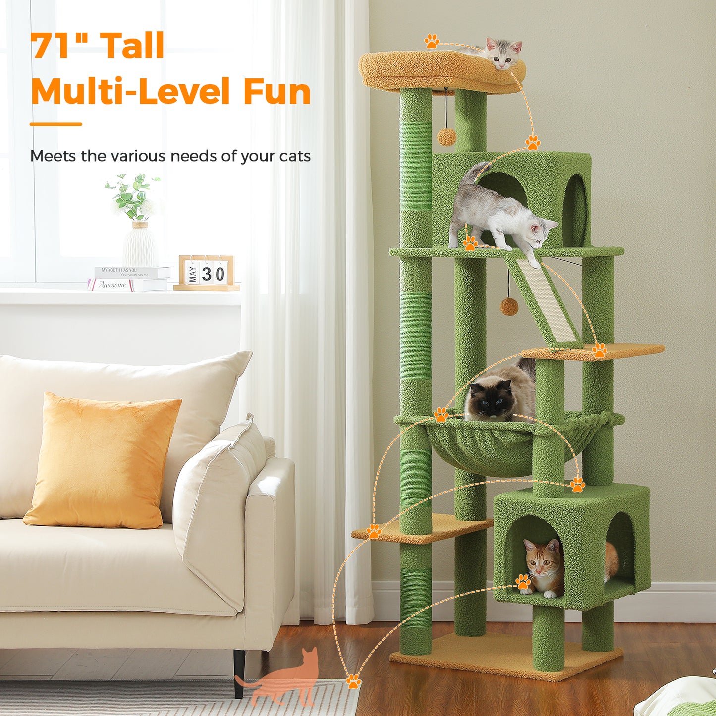 Tiragraffi PAWZ Road Grande per Gatti di Taglia Grande | Torre per Gatti Robusta con Amaca XXL | 4 Tiragraffi in Sisal e 2 Spaziose Casette | Ideale per Gatti Maine Coon | Altezza 180 cm
