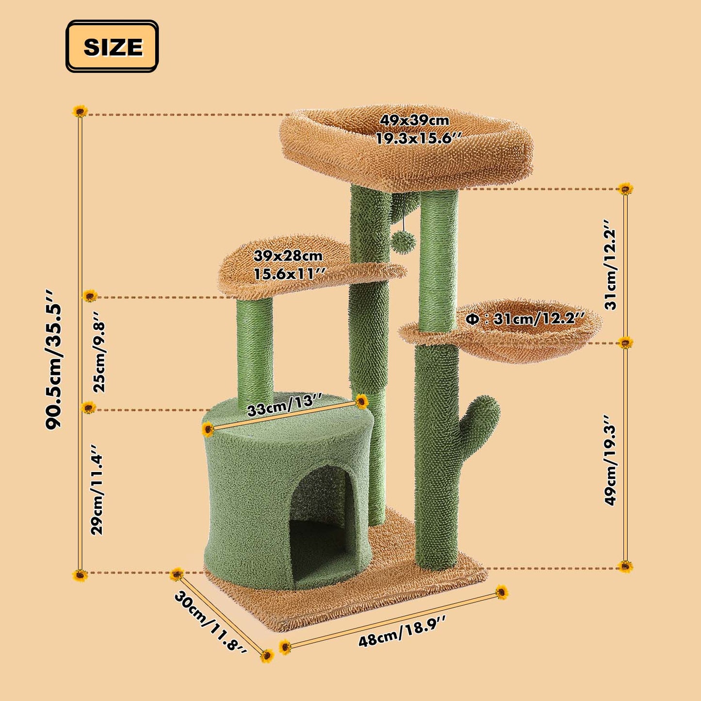 PAWZ Road Cactus Cat Scratching Post 90 cm - Green Cat Tower with Sisal Perches + Cozy Cat Bed | Multi-Level Platforms + Hammock (incl. Play Ball)