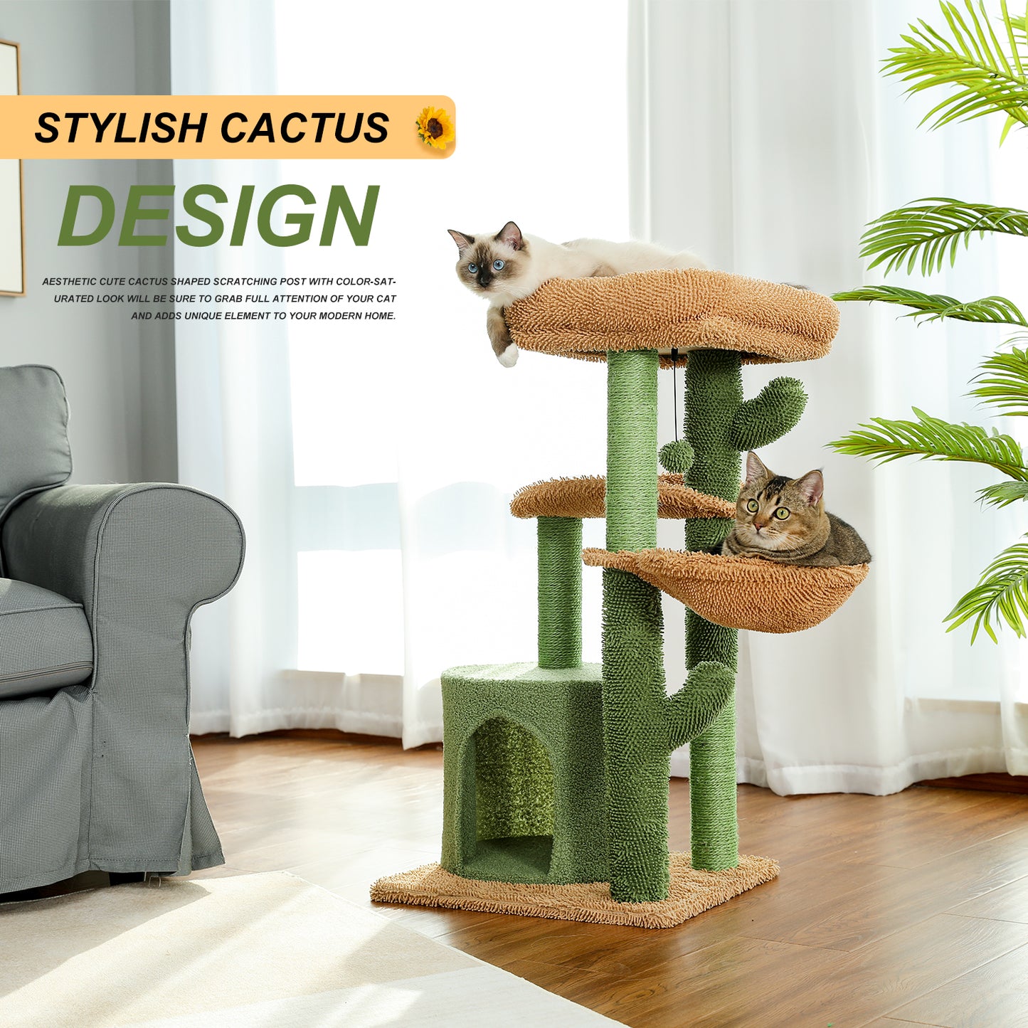 PAWZ Road Cactus Cat Scratching Post 90 cm - Green Cat Tower with Sisal Perches + Cozy Cat Bed | Multi-Level Platforms + Hammock (incl. Play Ball)