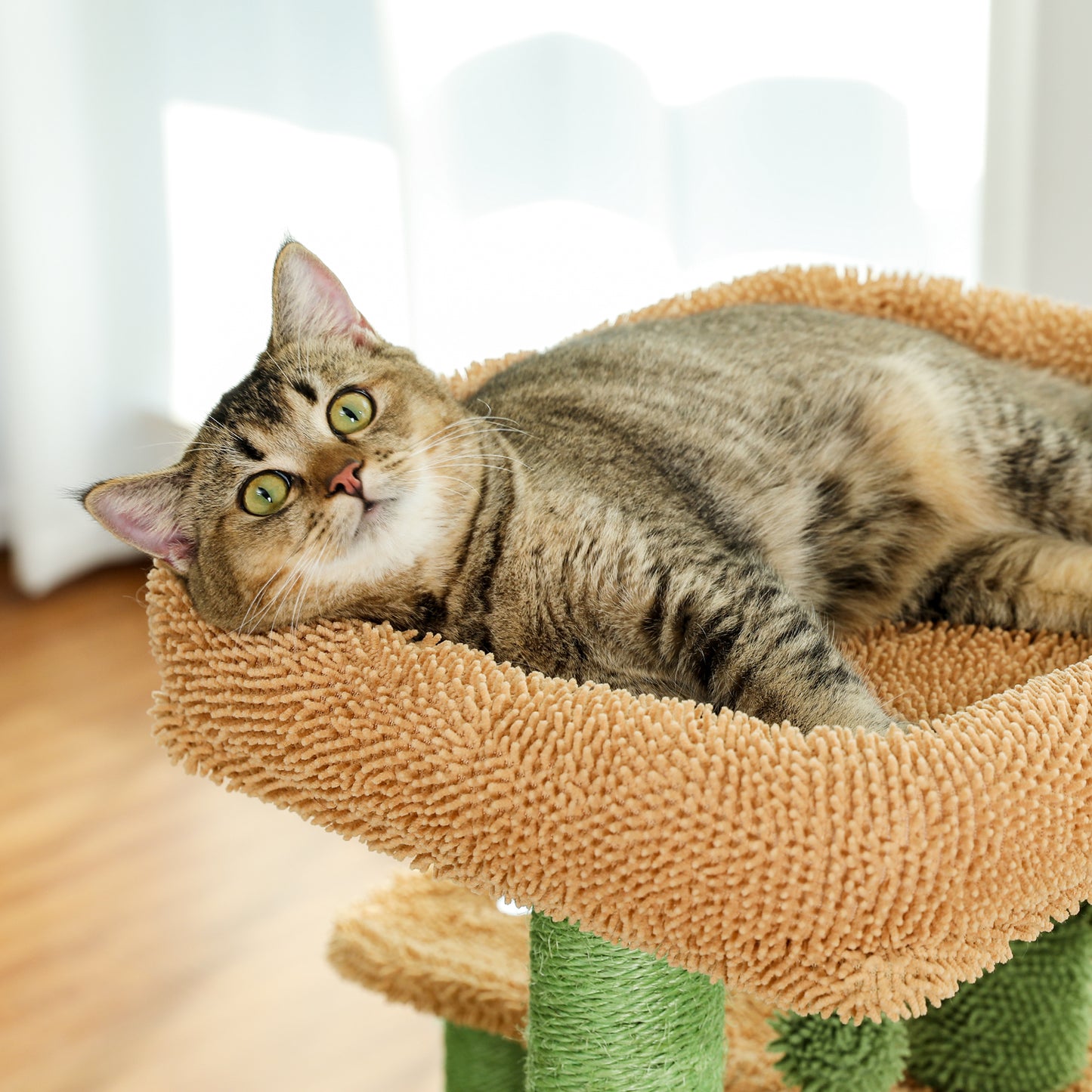 PAWZ Road Cactus Cat Scratching Post 90 cm - Green Cat Tower with Sisal Perches + Cozy Cat Bed | Multi-Level Platforms + Hammock (incl. Play Ball)