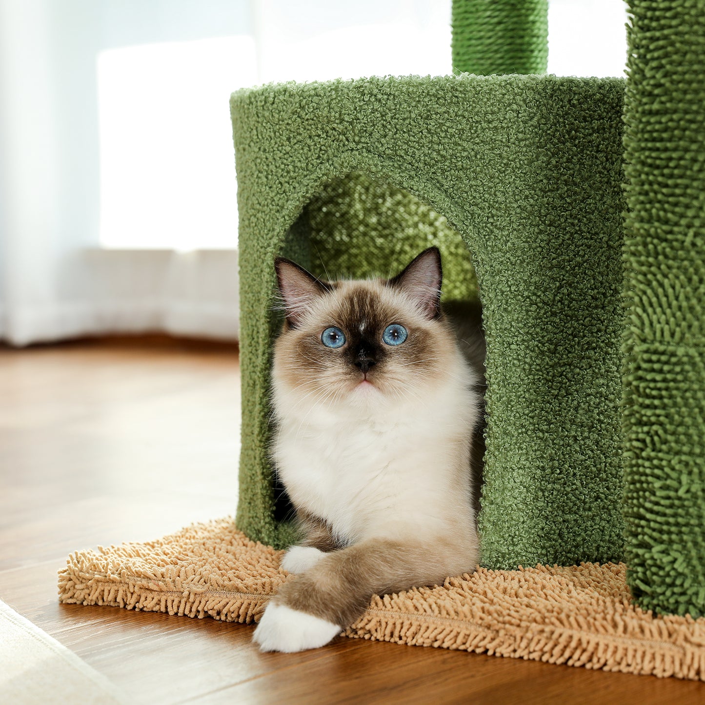 PAWZ Road Cactus Cat Scratching Post 90 cm - Green Cat Tower with Sisal Perches + Cozy Cat Bed | Multi-Level Platforms + Hammock (incl. Play Ball)