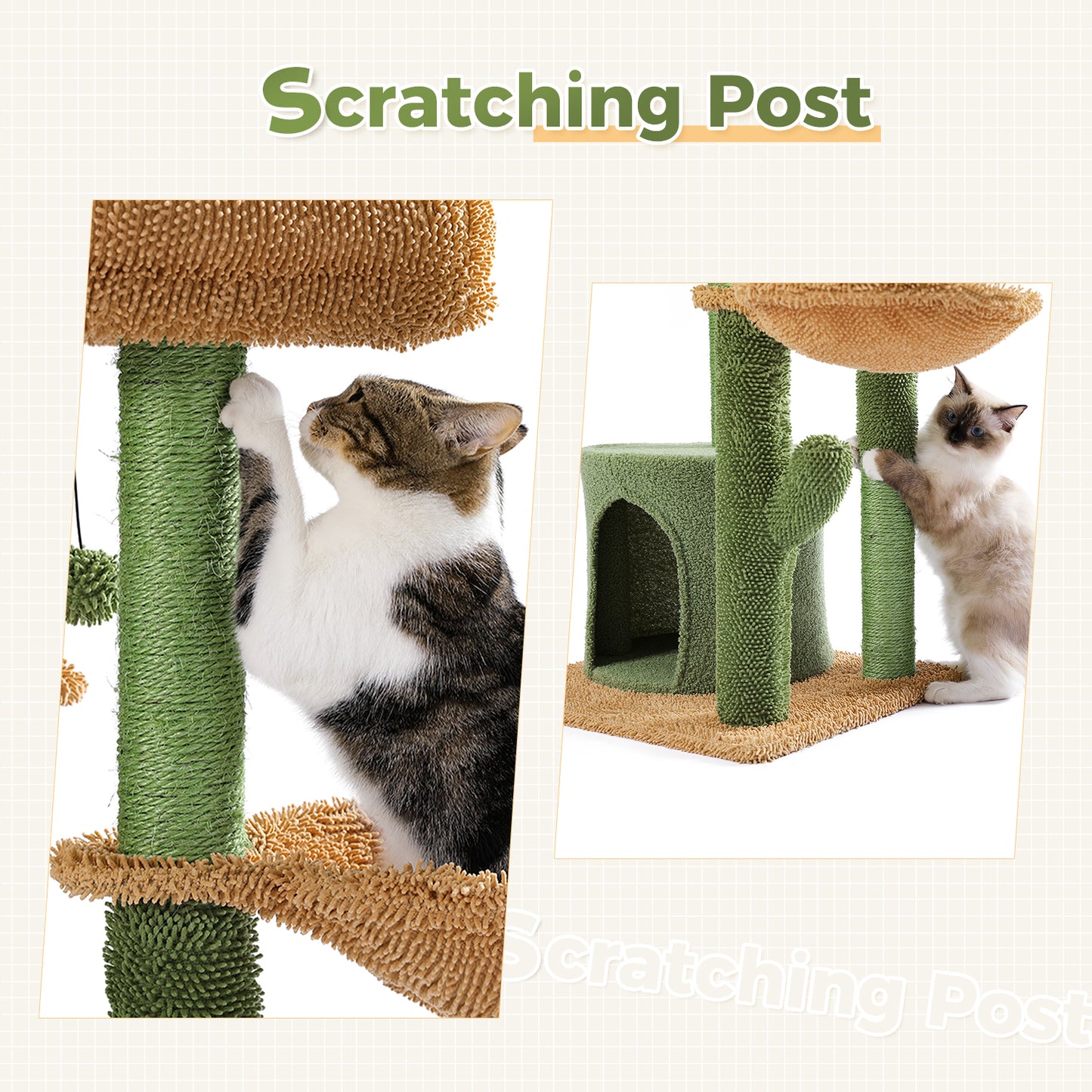 PAWZ Road Cactus Cat Scratching Post 90 cm - Green Cat Tower with Sisal Perches + Cozy Cat Bed | Multi-Level Platforms + Hammock (incl. Play Ball)