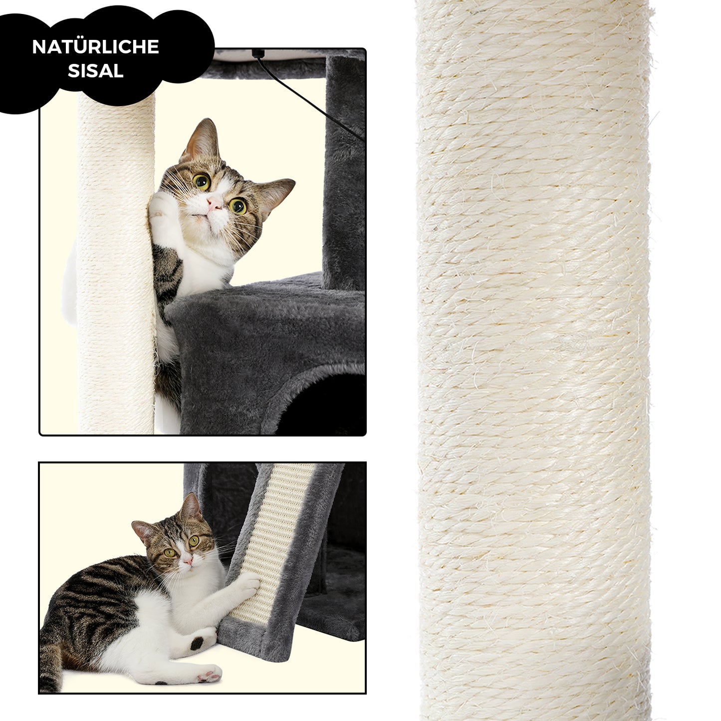 Tiragraffi a più livelli con pali | Altezza 48 cm/18,9 pollici - Larghezza 45 cm/17,7 pollici | Robusto sisal e peluche | Per gattini e gatti adulti