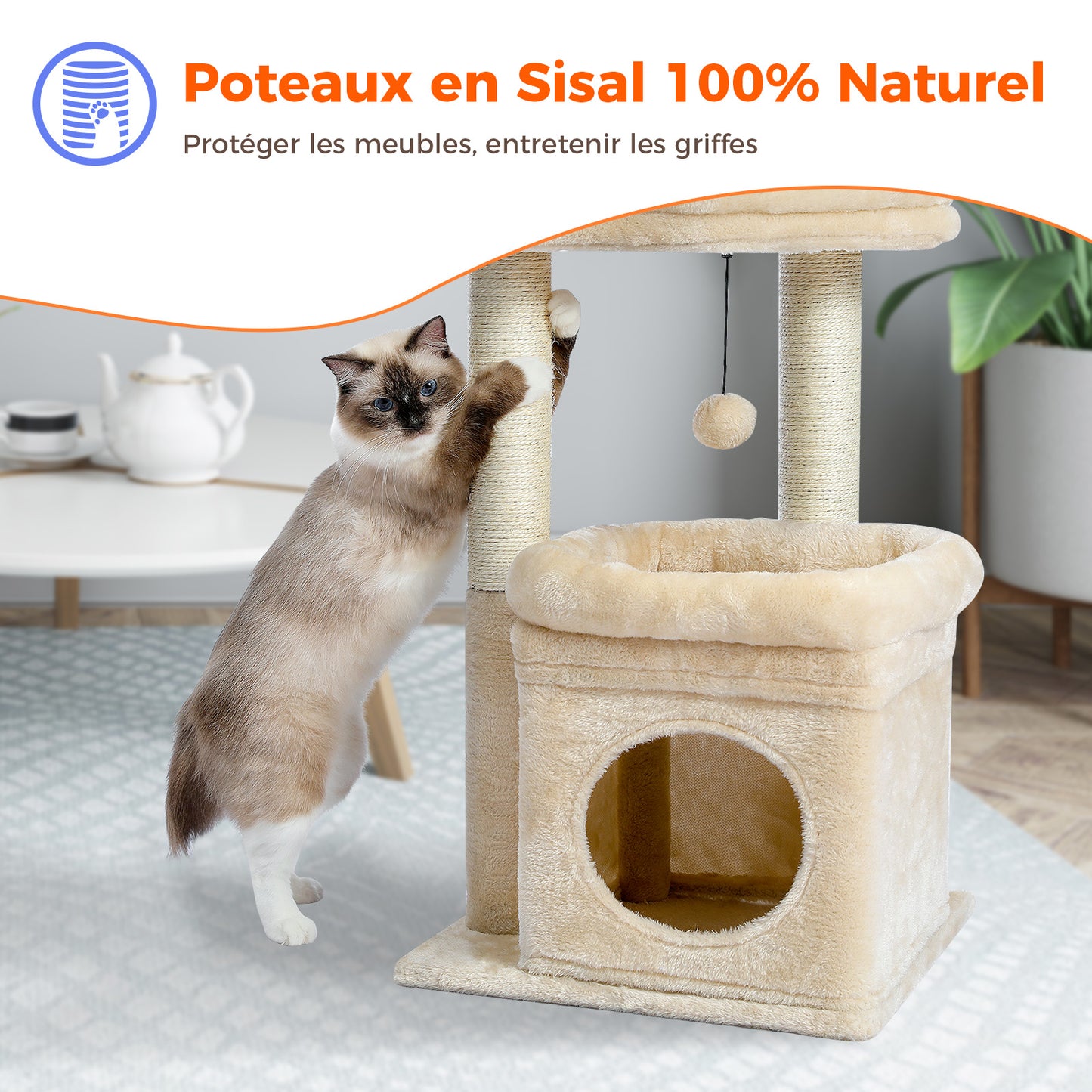 Tiragraffi moderno a più livelli | Altezza 60 cm (23,6 pollici) | Piattaforme in morbido peluche + robusti tiragraffi | Design salvaspazio | Per gattini e gatti adulti