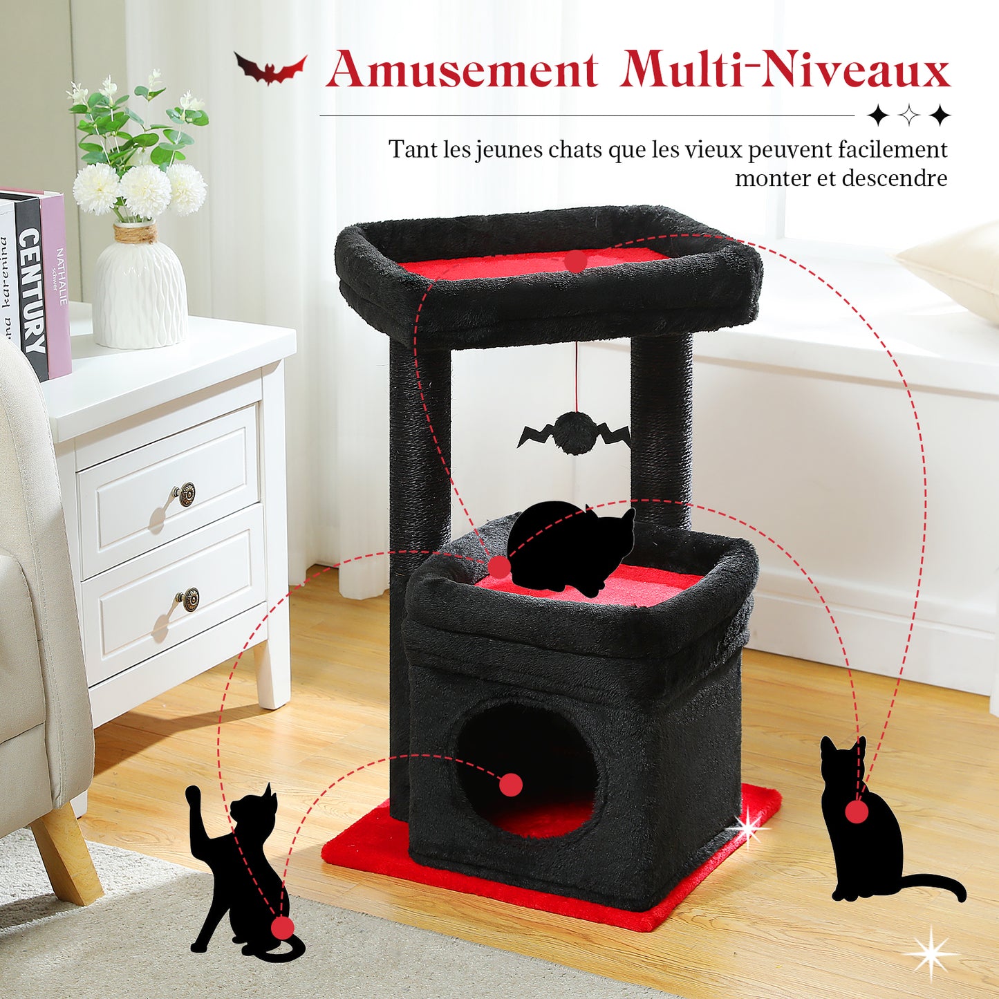 Tiragraffi moderno a più livelli | Altezza 60 cm (23,6 pollici) | Piattaforme in morbido peluche + robusti tiragraffi | Design salvaspazio | Per gattini e gatti adulti