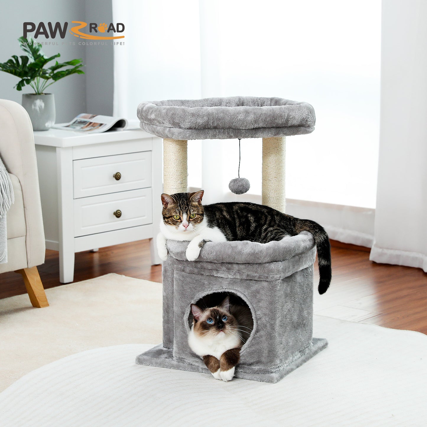Tiragraffi moderno a più livelli | Altezza 60 cm (23,6 pollici) | Piattaforme in morbido peluche + robusti tiragraffi | Design salvaspazio | Per gattini e gatti adulti