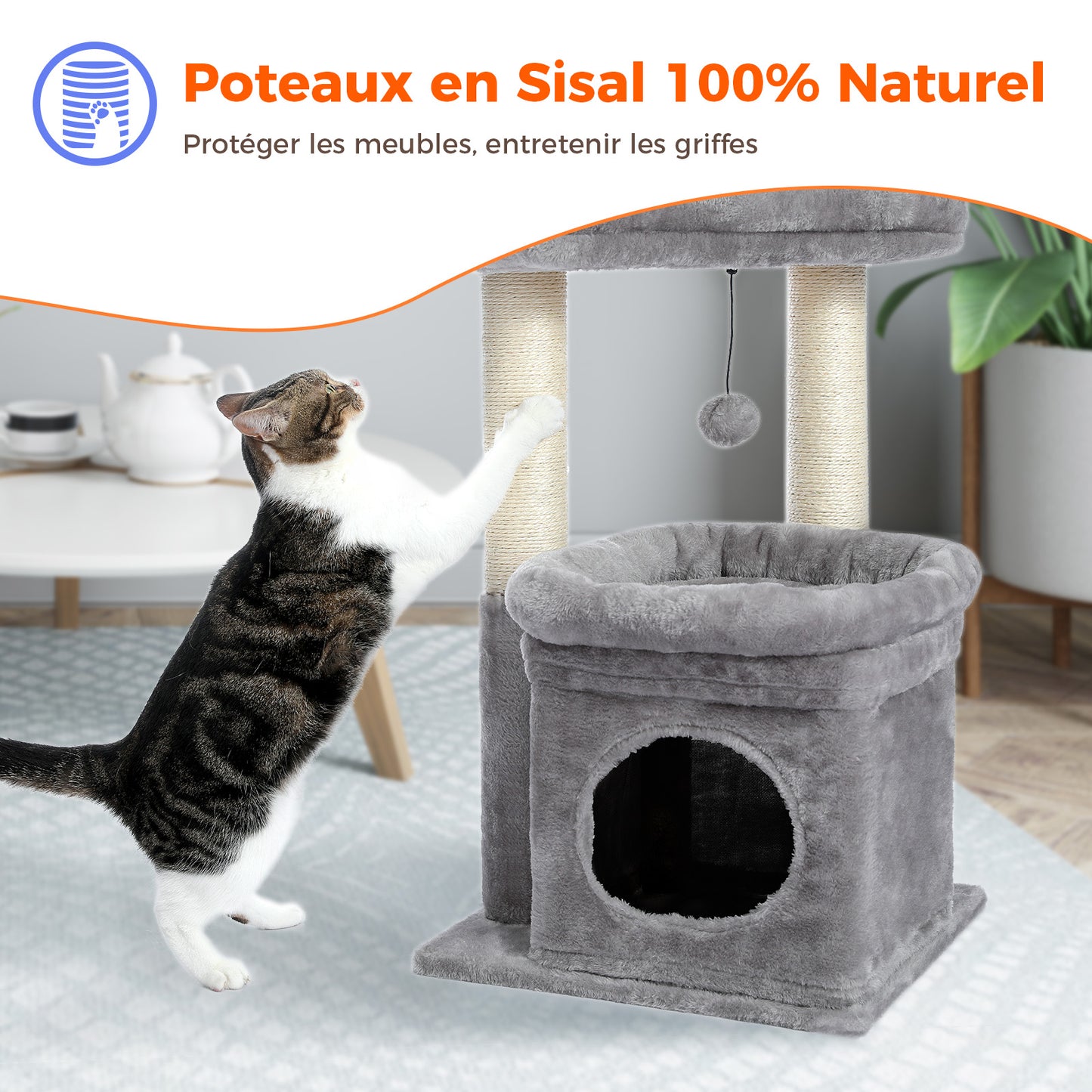 Tiragraffi moderno a più livelli | Altezza 60 cm (23,6 pollici) | Piattaforme in morbido peluche + robusti tiragraffi | Design salvaspazio | Per gattini e gatti adulti