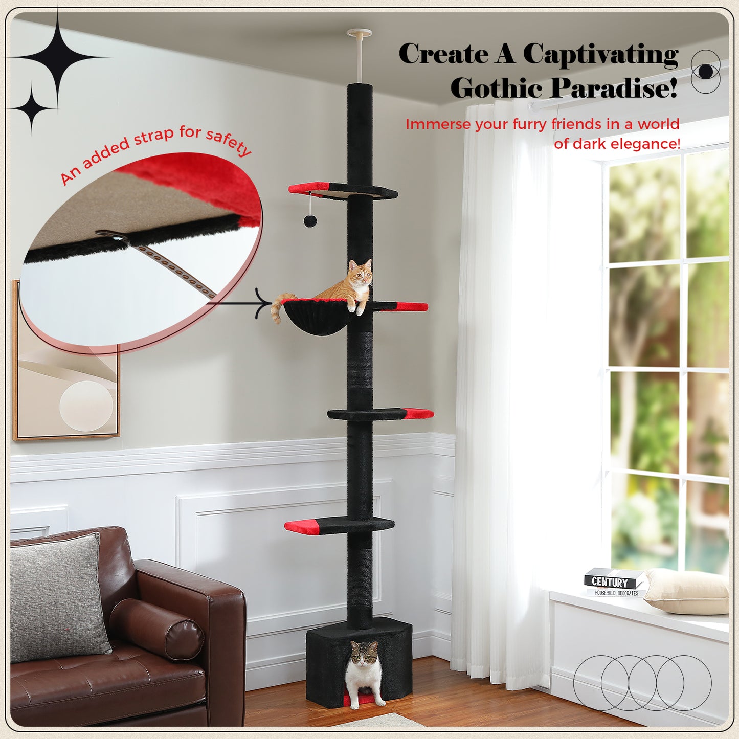 PAWZ Road Kaktus-Katzenkratzbaum | Deckenstütz-System | Höhenverstellbar (241-274 cm) | Mit Sisal-Kratzsäulen | Ideal für Großkatzen
