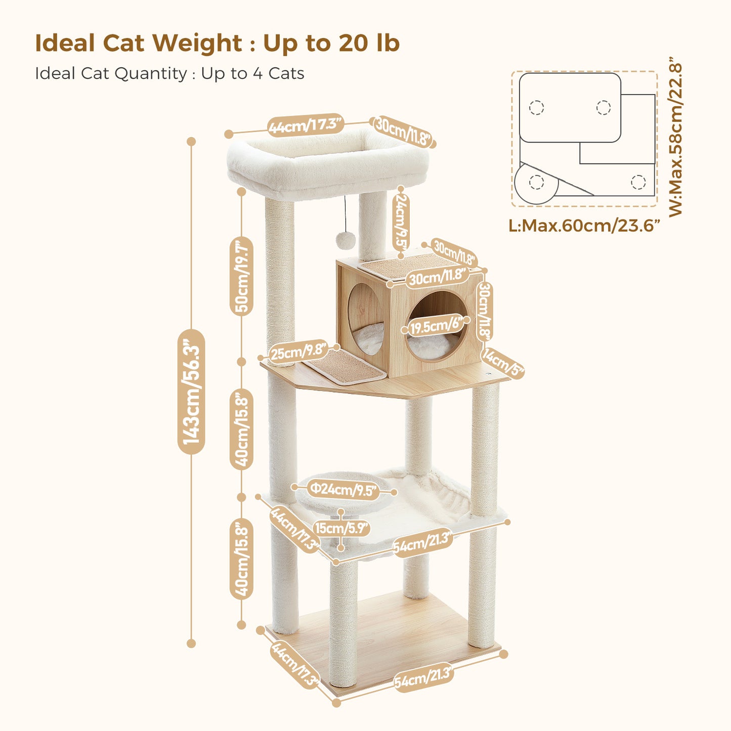 PETEPELA Arbre à chats en bois pour chats d'appartement - Tour à plusieurs niveaux avec poteaux de grattage en sisal, maison de repos confortable, hamac XXL et plateformes douillettes en pelage de lapin en tissu (beige)