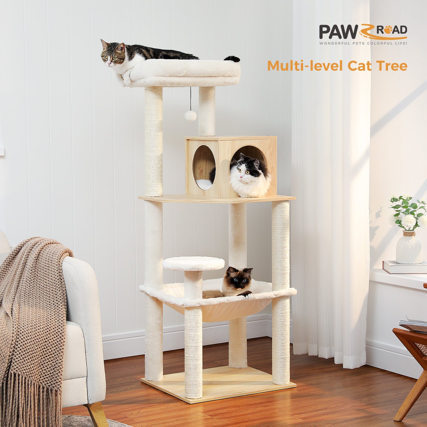 PETEPELA Arbre à chats en bois pour chats d'appartement - Tour à plusieurs niveaux avec poteaux de grattage en sisal, maison de repos confortable, hamac XXL et plateformes douillettes en pelage de lapin en tissu (beige)