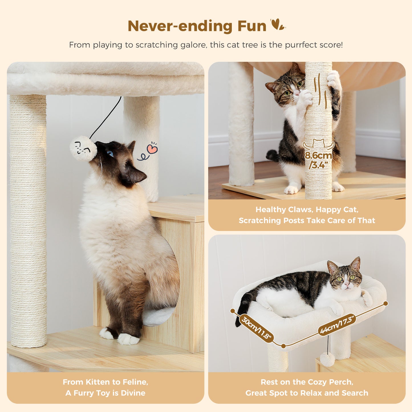 PETEPELA Arbre à chats en bois pour chats d'appartement - Tour à plusieurs niveaux avec poteaux de grattage en sisal, maison de repos confortable, hamac XXL et plateformes douillettes en pelage de lapin en tissu (beige)