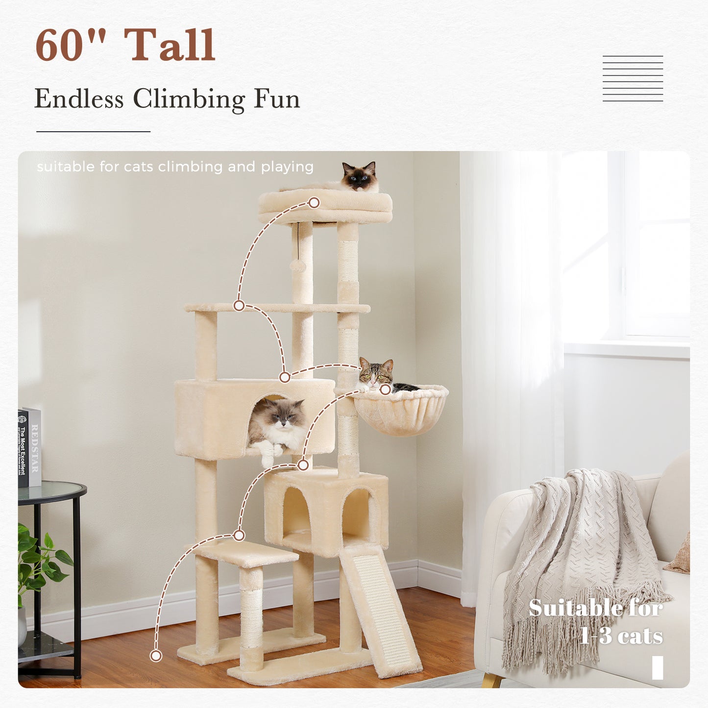 Albero per gatti PAWZ Road, torre per gatti da 60 pollici (152 cm) | con due cucce | piattaforma spaziosa | cestino accogliente | tiragraffi rivestiti in sisal