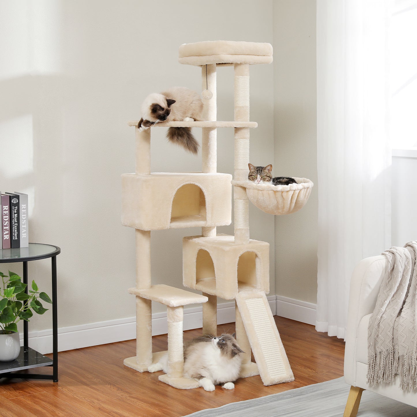 Albero per gatti PAWZ Road, torre per gatti da 60 pollici (152 cm) | con due cucce | piattaforma spaziosa | cestino accogliente | tiragraffi rivestiti in sisal