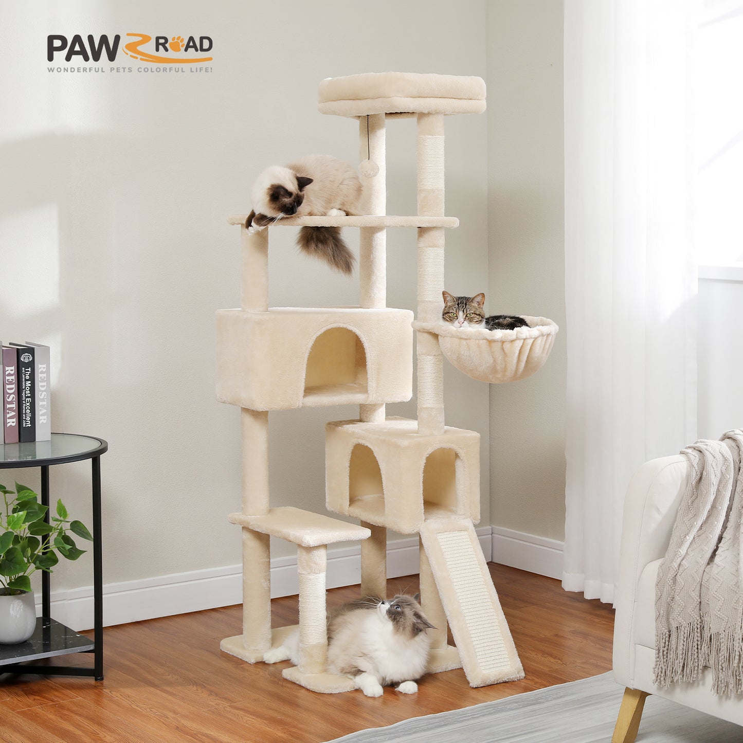 Albero per gatti PAWZ Road, torre per gatti da 60 pollici (152 cm) | con due cucce | piattaforma spaziosa | cestino accogliente | tiragraffi rivestiti in sisal