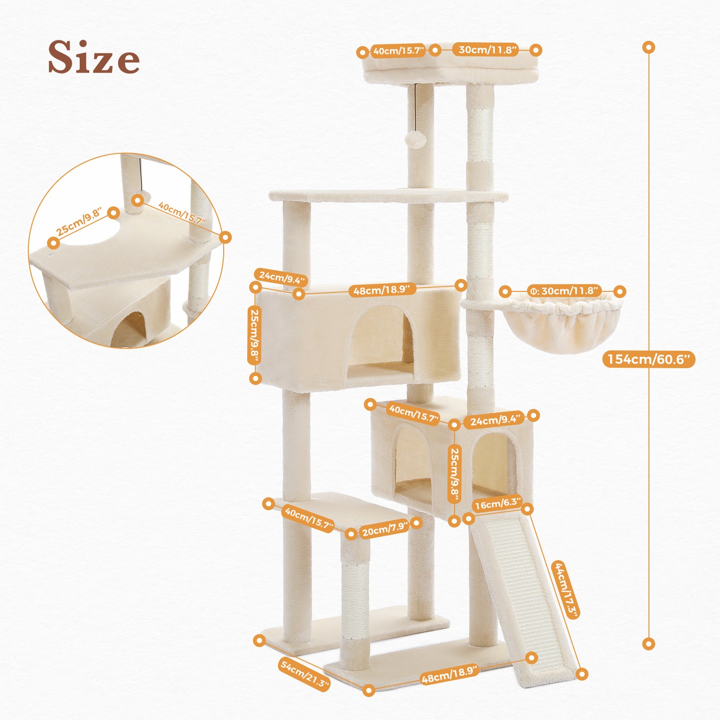 Albero per gatti PAWZ Road, torre per gatti da 60 pollici (152 cm) | con due cucce | piattaforma spaziosa | cestino accogliente | tiragraffi rivestiti in sisal