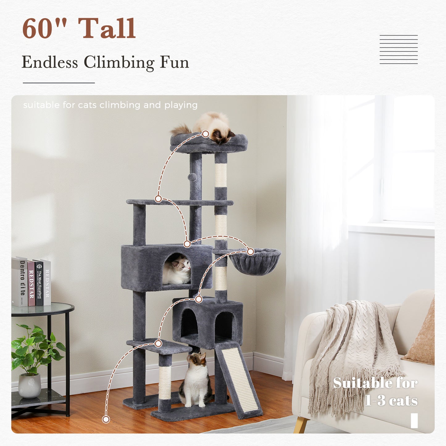 Albero per gatti PAWZ Road, torre per gatti da 60 pollici (152 cm) | con due cucce | piattaforma spaziosa | cestino accogliente | tiragraffi rivestiti in sisal
