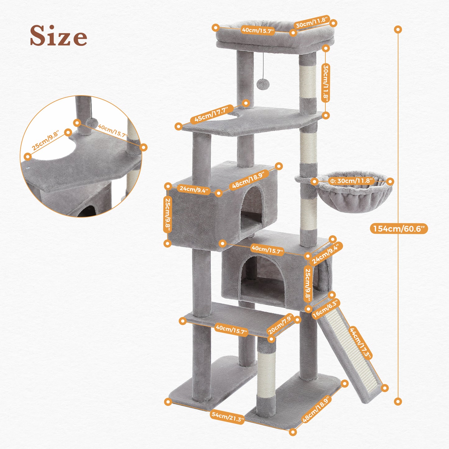 Albero per gatti PAWZ Road, torre per gatti da 60 pollici (152 cm) | con due cucce | piattaforma spaziosa | cestino accogliente | tiragraffi rivestiti in sisal