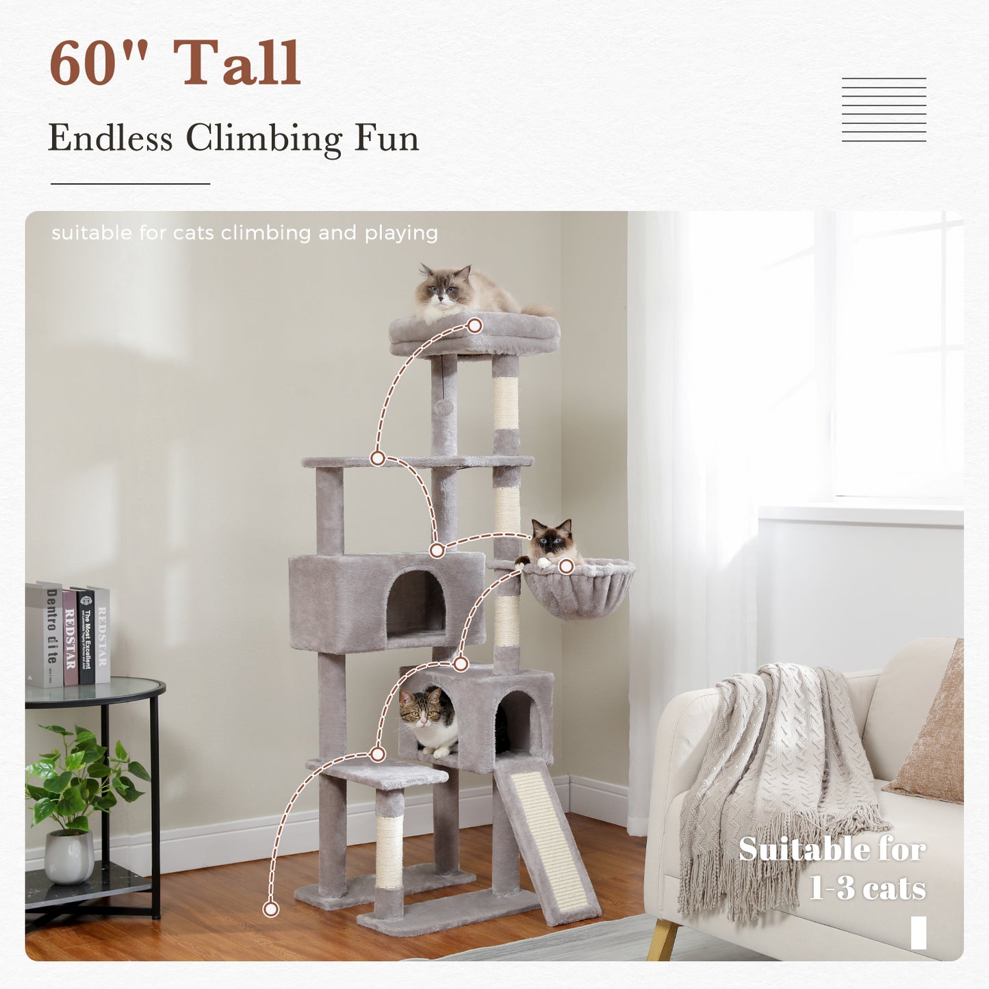 Albero per gatti PAWZ Road, torre per gatti da 60 pollici (152 cm) | con due cucce | piattaforma spaziosa | cestino accogliente | tiragraffi rivestiti in sisal