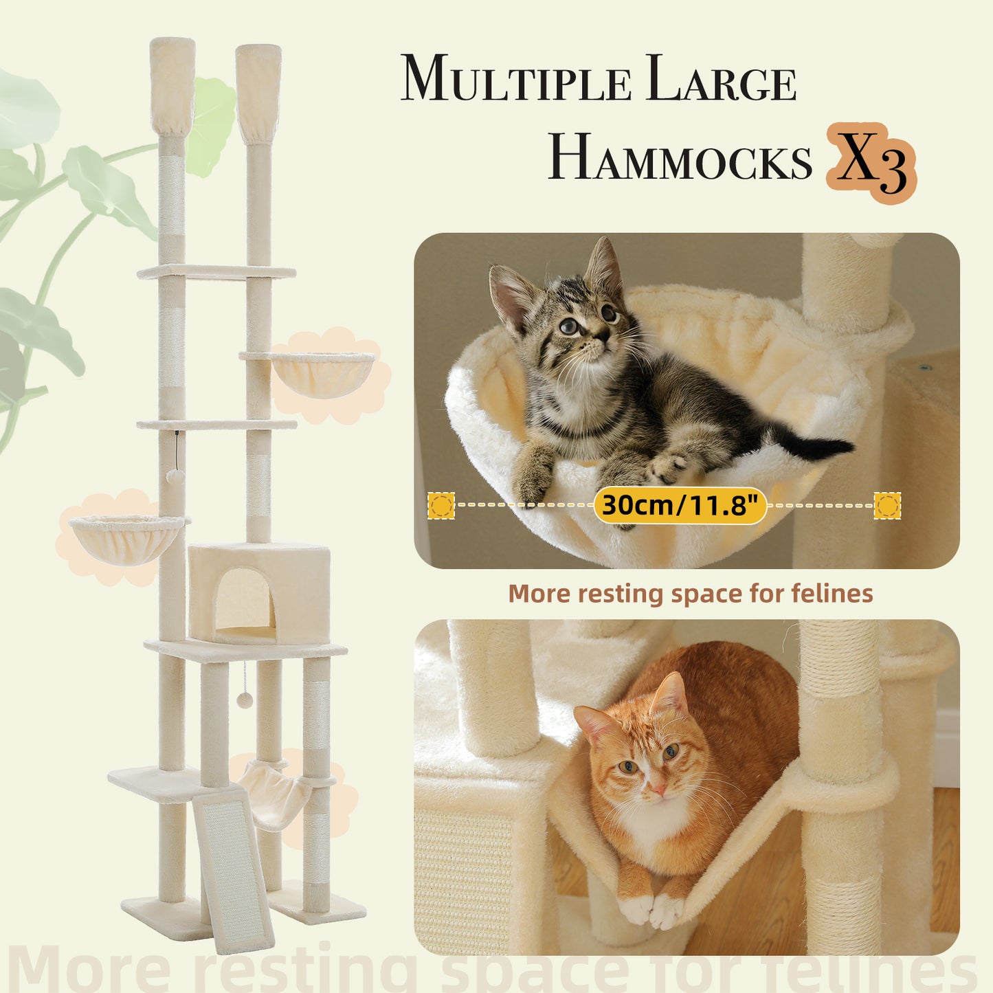 PAWZ Road Cactus Cat Tree – Ceiling-high scratching post with adjustable height (215-285 cm) | 7-tier climbing center | with hammocks | 5 platforms | sisal scratching posts