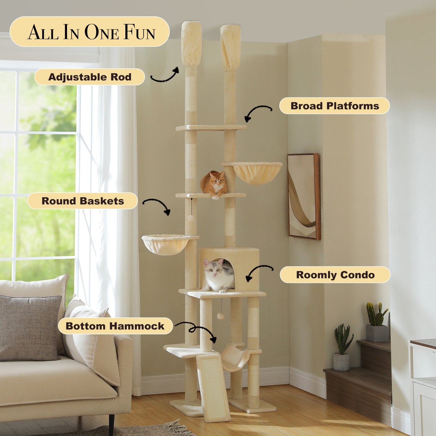 PAWZ Road Cactus Cat Tree – Ceiling-high scratching post with adjustable height (215-285 cm) | 7-tier climbing center | with hammocks | 5 platforms | sisal scratching posts