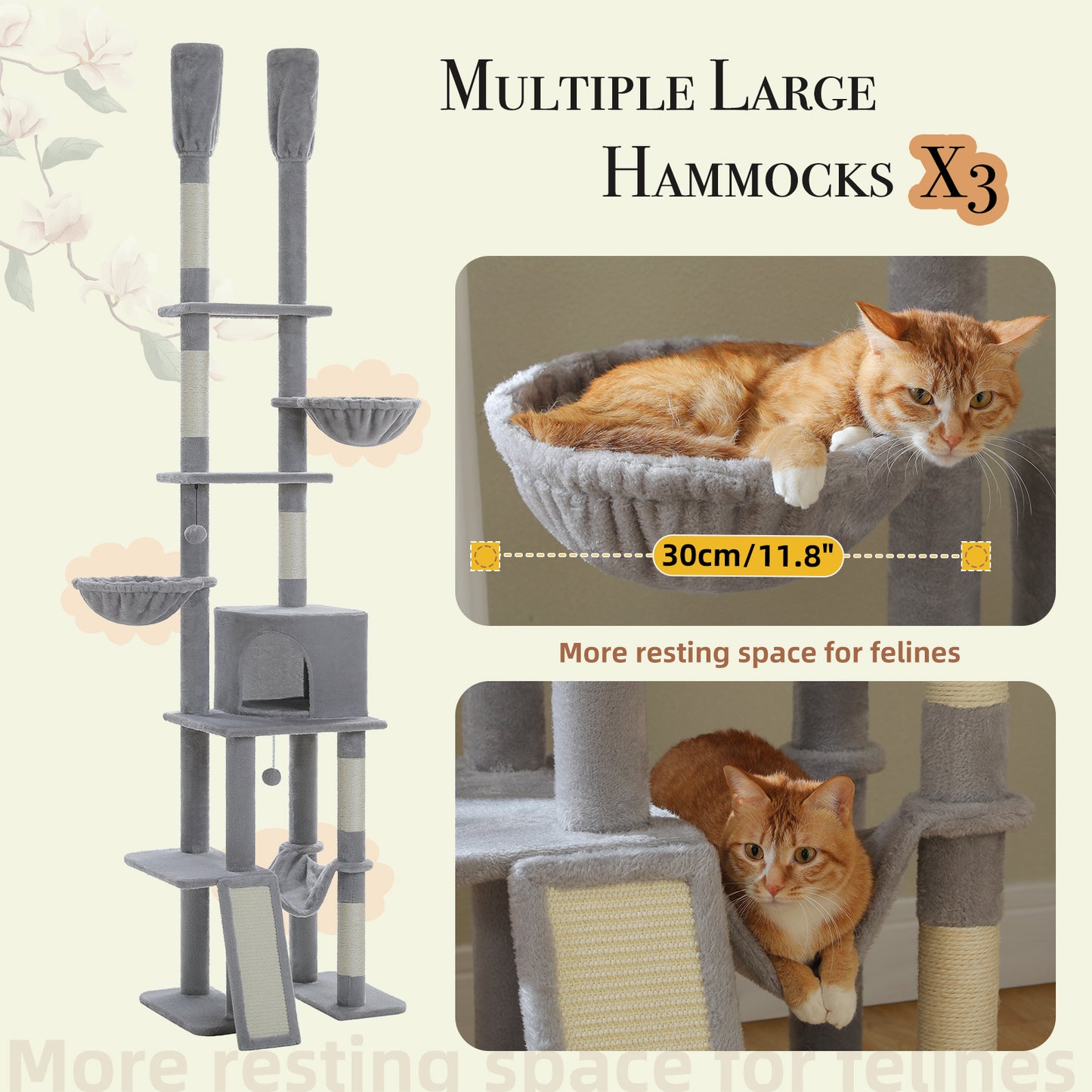 PAWZ Road Cactus Cat Tree – Ceiling-high scratching post with adjustable height (215-285 cm) | 7-tier climbing center | with hammocks | 5 platforms | sisal scratching posts
