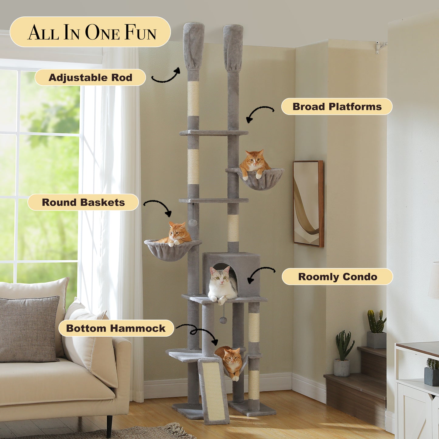 PAWZ Road Cactus Cat Tree – Ceiling-high scratching post with adjustable height (215-285 cm) | 7-tier climbing center | with hammocks | 5 platforms | sisal scratching posts