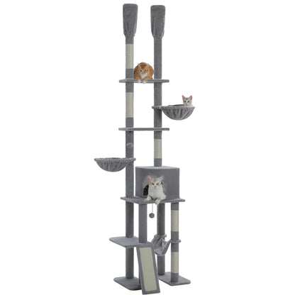 PAWZ Road Cactus Cat Tree – Ceiling-high scratching post with adjustable height (215-285 cm) | 7-tier climbing center | with hammocks | 5 platforms | sisal scratching posts