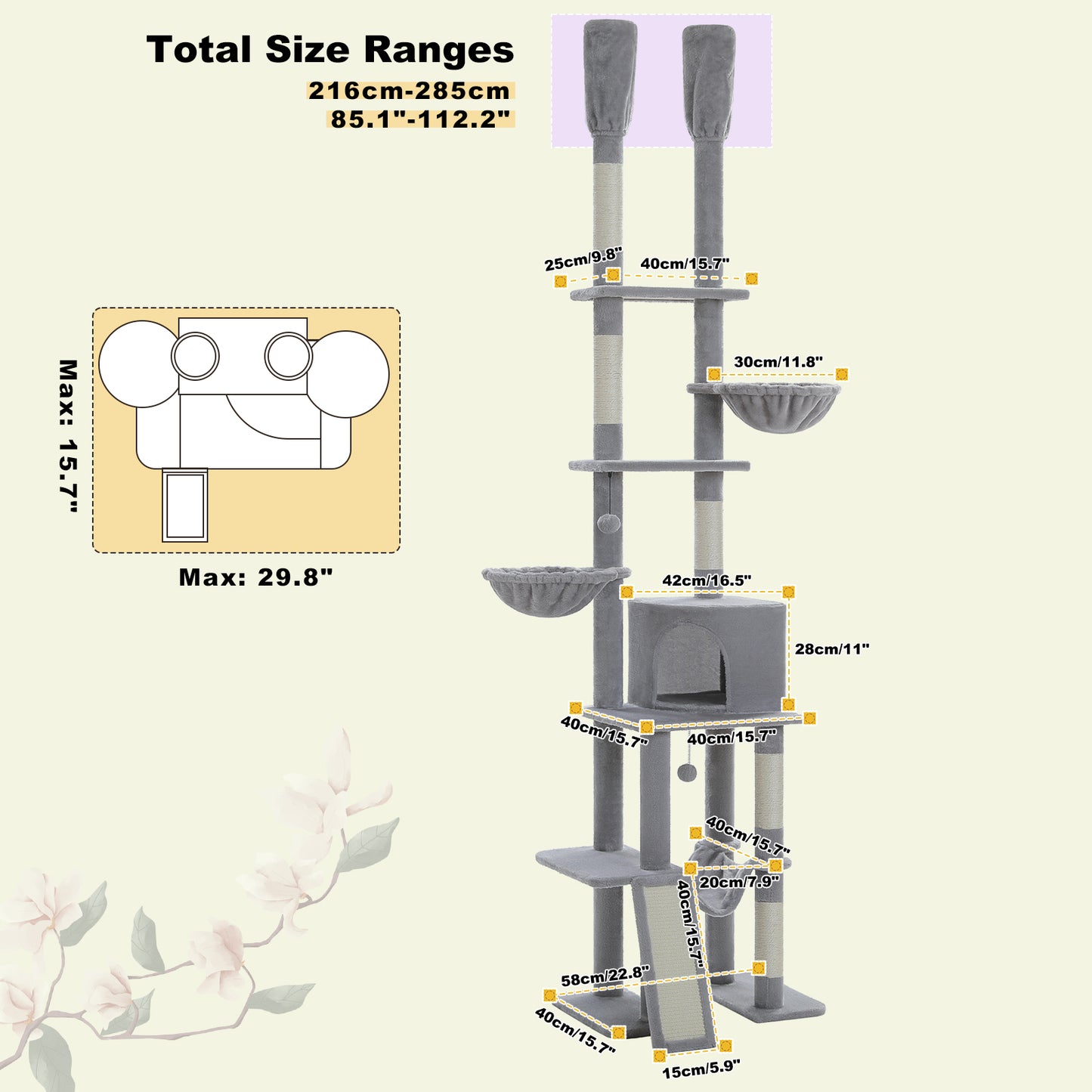 PAWZ Road Cactus Cat Tree – Ceiling-high scratching post with adjustable height (215-285 cm) | 7-tier climbing center | with hammocks | 5 platforms | sisal scratching posts