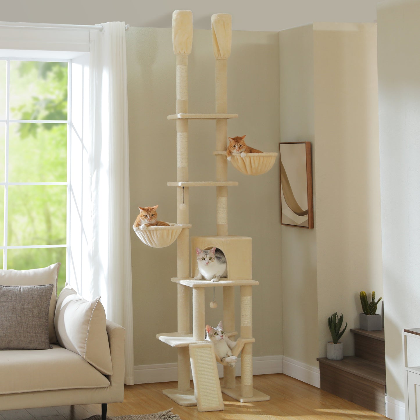 PAWZ Road Cactus Cat Tree – Ceiling-high scratching post with adjustable height (215-285 cm) | 7-tier climbing center | with hammocks | 5 platforms | sisal scratching posts