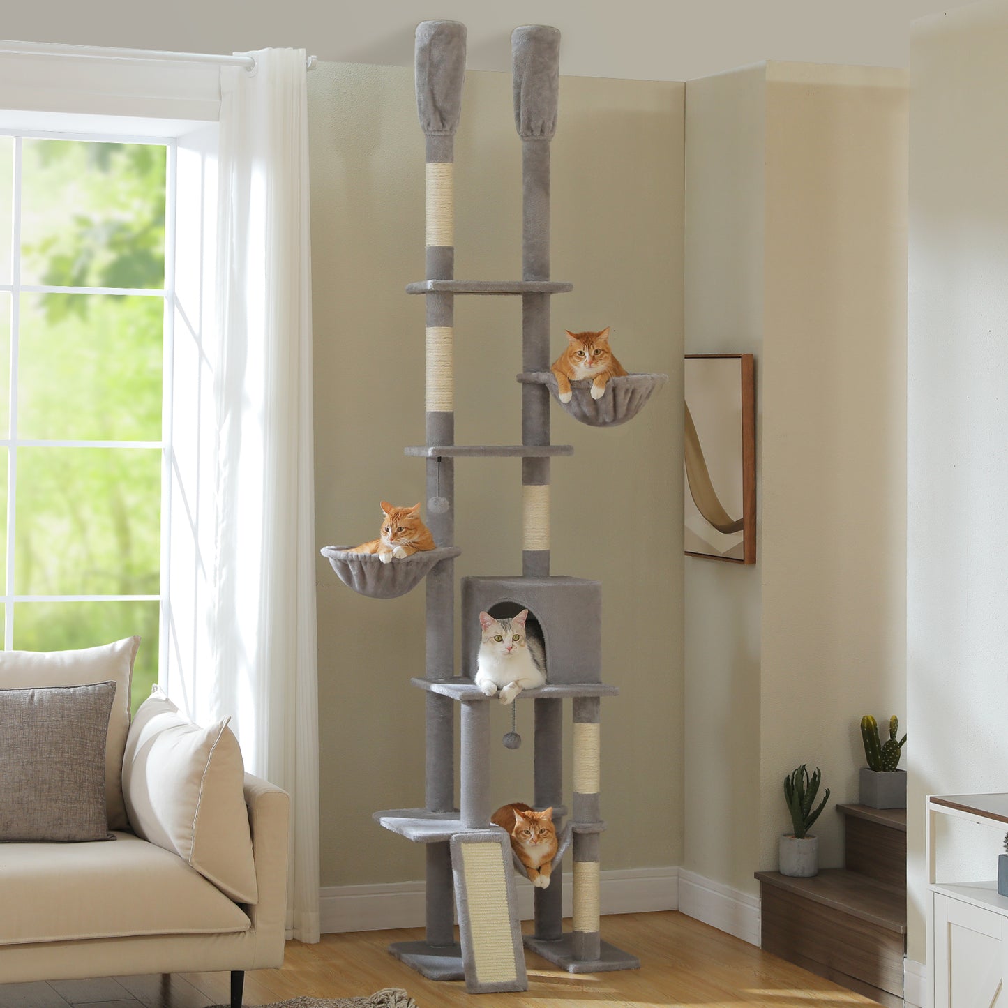 PAWZ Road Cactus Cat Tree – Ceiling-high scratching post with adjustable height (215-285 cm) | 7-tier climbing center | with hammocks | 5 platforms | sisal scratching posts