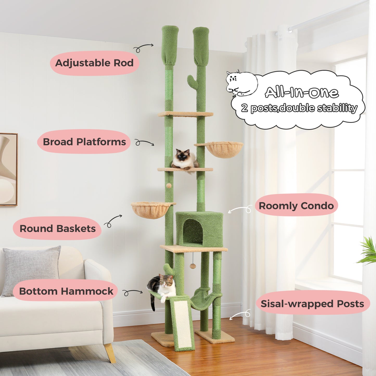 PAWZ Road Kaktus-Katzenbaum Deckenhoher Kratzbaum mit verstellbarer H?he (215-285 cm) | 7-Etagen Kletterzentrum | mit H?ngematten | 5 Plattformen | Sisal-Kratzs?ulen