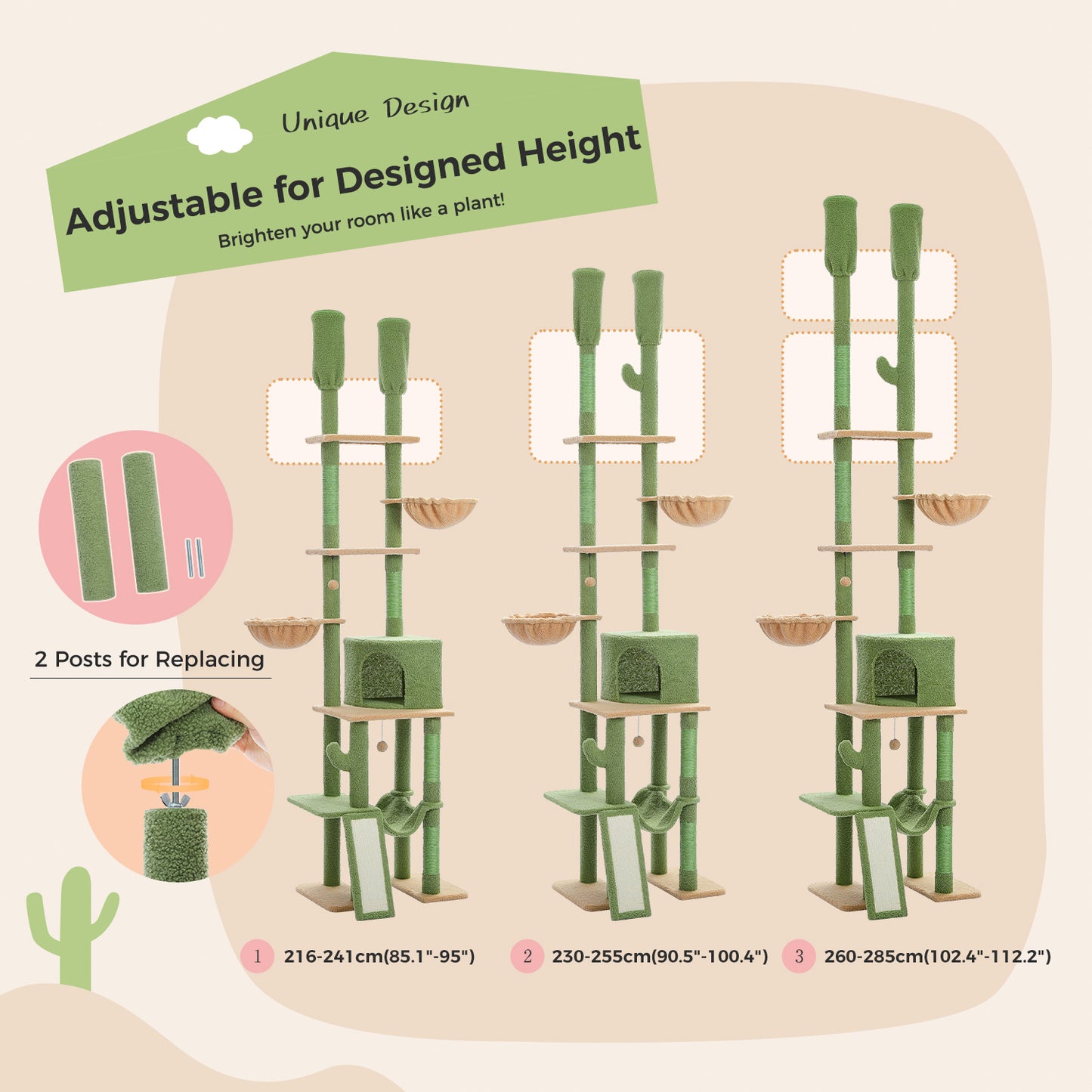 PAWZ Road Kaktus-Katzenbaum Deckenhoher Kratzbaum mit verstellbarer H?he (215-285 cm) | 7-Etagen Kletterzentrum | mit H?ngematten | 5 Plattformen | Sisal-Kratzs?ulen