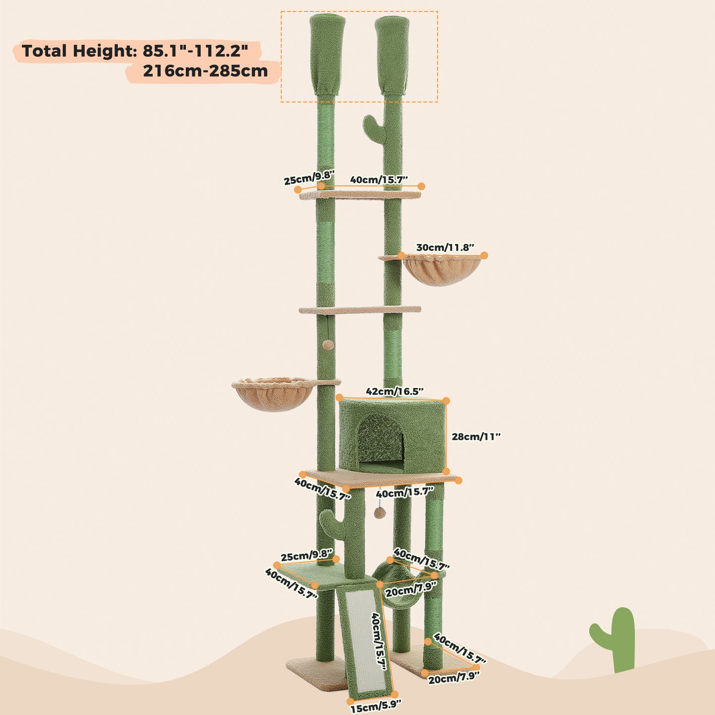 PAWZ Road Kaktus-Katzenbaum Deckenhoher Kratzbaum mit verstellbarer H?he (215-285 cm) | 7-Etagen Kletterzentrum | mit H?ngematten | 5 Plattformen | Sisal-Kratzs?ulen