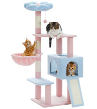 PAWZ Road Blumen-Katzenbaum (89 cm) – Rosa Kratzbaum | Sisalpfosten | Metall-Hängematte | Blaue Schlafplattform (inkl. Spielball)