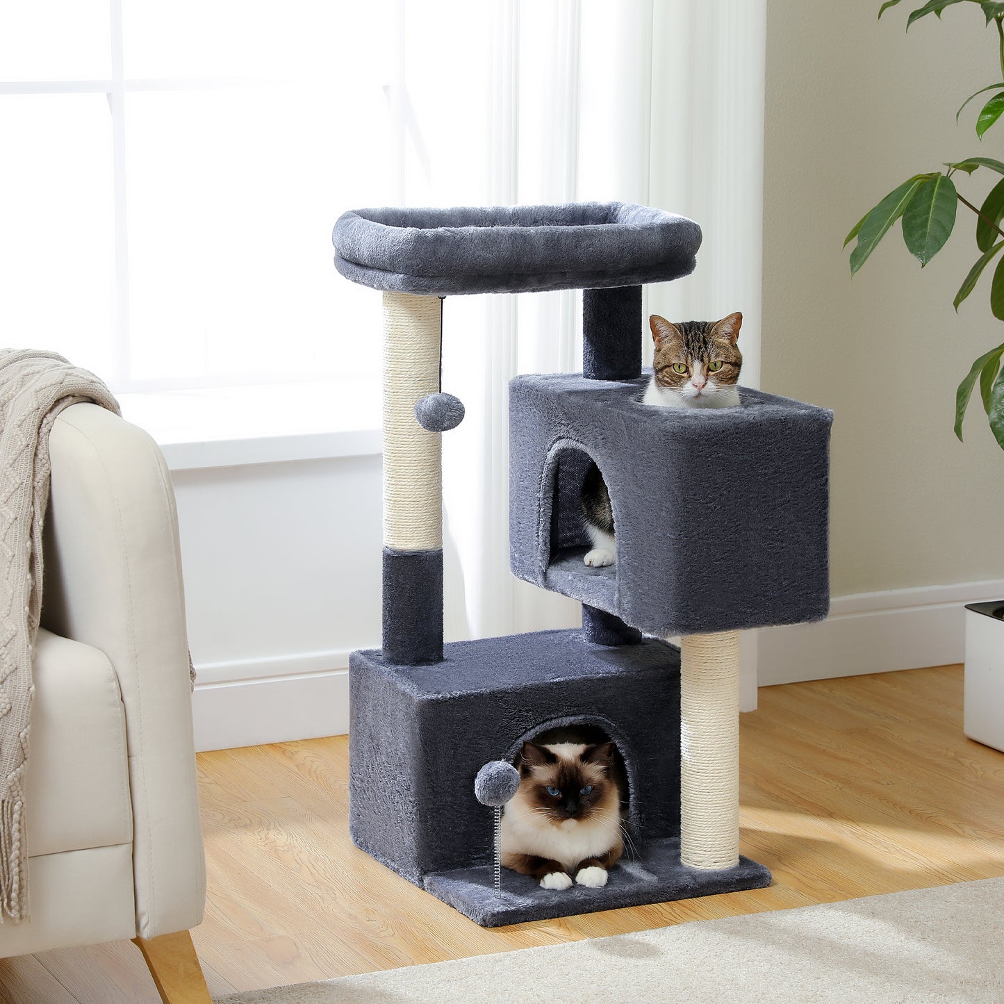 PAWZ Road 80 cm Haushalts-Katzenbaum – mit 2 Schlafhäusern | mehrstöckige Sisal-Kratzsäulen | gepolsterte Liegefläche | inkl. 2 Spielzeugen