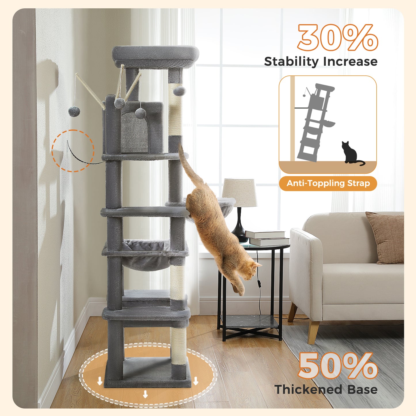PETEPELA Arbre à chats de 175 cm pour chats de grande taille en appartement