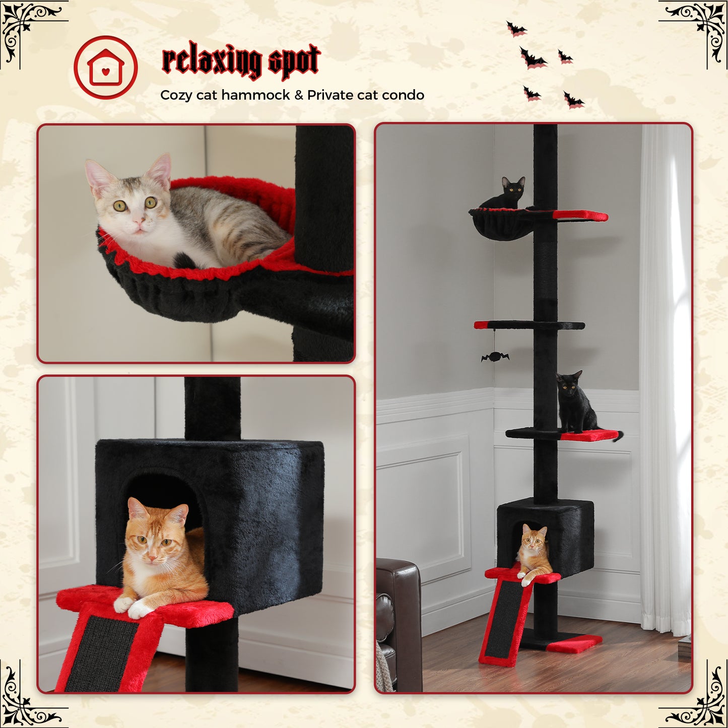 PAWZ Road Kaktus-Katzenbaum | 216-273 cm höhenverstellbar | Decken-zu-Boden-Kratzturm | mit Hängematte & Schlafhaus | Anti-Fall-Gurt