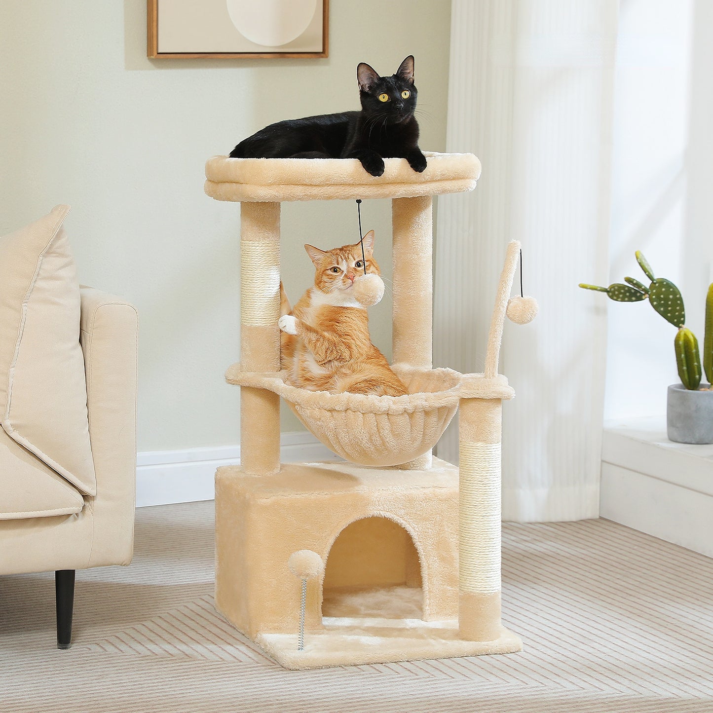 PEQULTI 4-in-1 Cactus Cat Tree | 84 cm Cat Tower | with XXL Sleeping House | Sisal Posts | Deep Hammock | Observation Deck