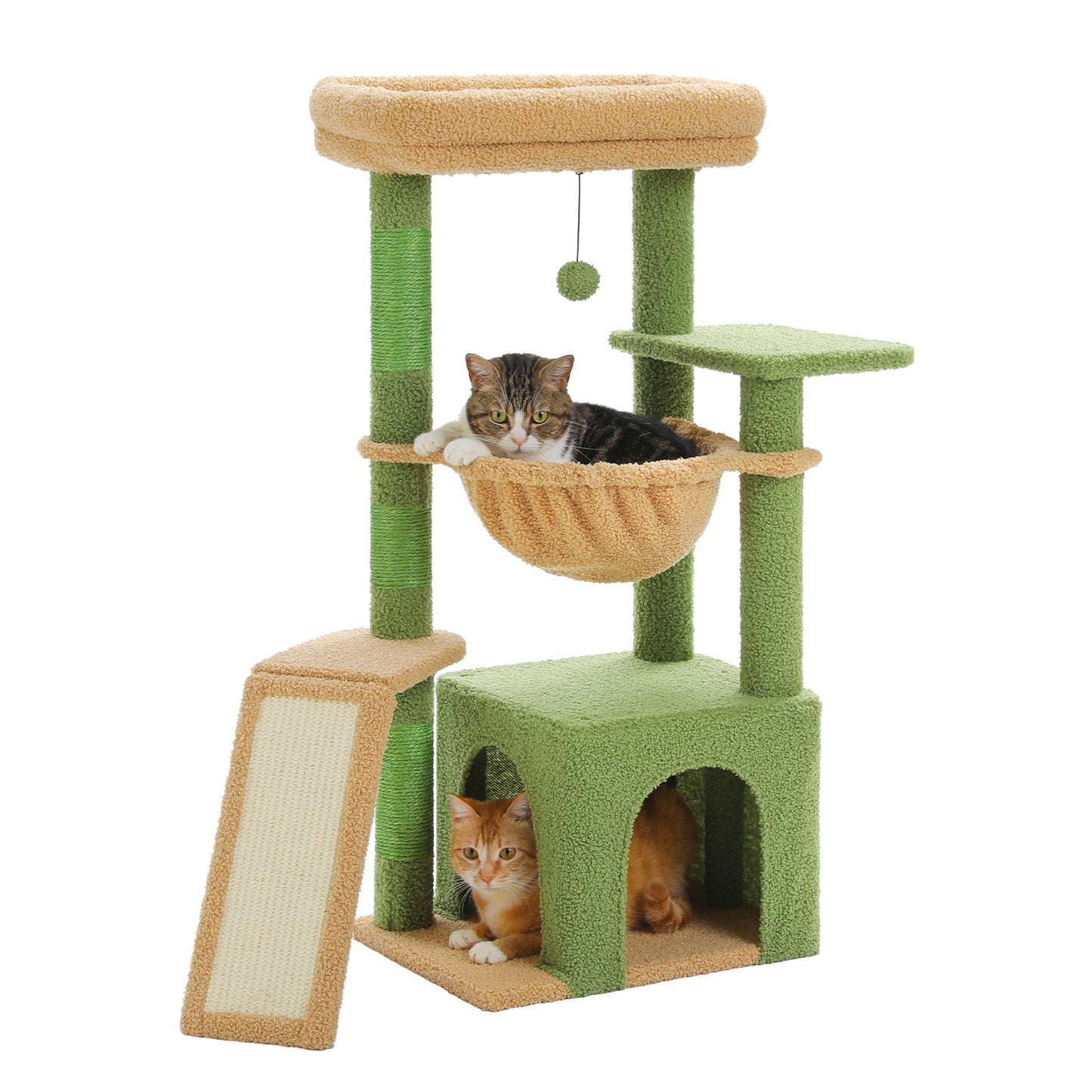PAWZ Road Indoor-Katzenbaum | 90 cm grüner Kratzturm | mit geräumigem Schlafhaus | 1 Sisal-Ebene | 3 Kratzsäulen | XXL-Hängematte & Aussichtsplattform