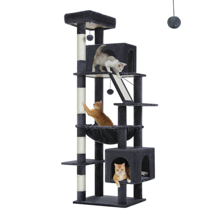 PAWZ Road Großer Kratzbaum für große Katzen | Stabiler Katzenturm mit XXL-Hängematte | 4 Sisal-Kratzsäulen & 2 geräumige Schlafhäuser | Ideal für Maine Coon Katzen | Höhe 180 cm