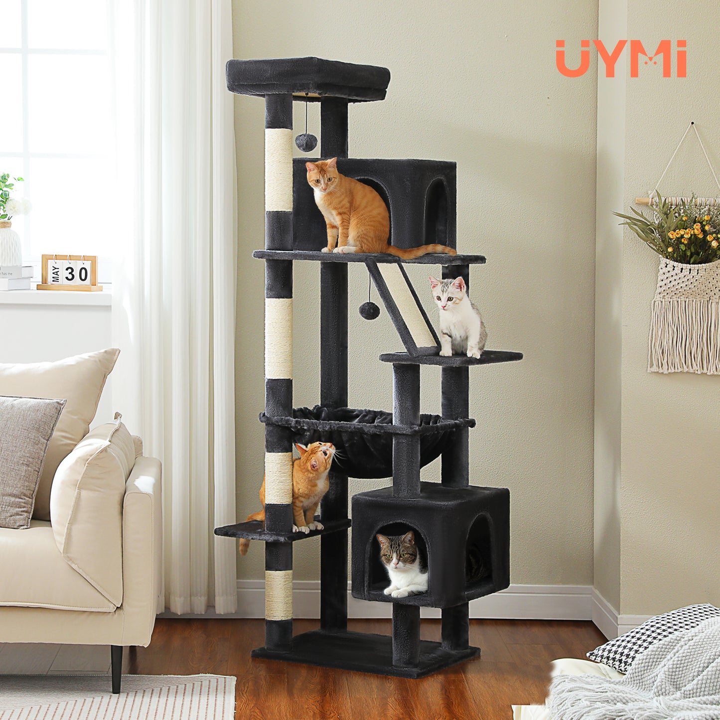 Tiragraffi PAWZ Road Grande per Gatti di Taglia Grande | Torre per Gatti Robusta con Amaca XXL | 4 Tiragraffi in Sisal e 2 Spaziose Casette | Ideale per Gatti Maine Coon | Altezza 180 cm