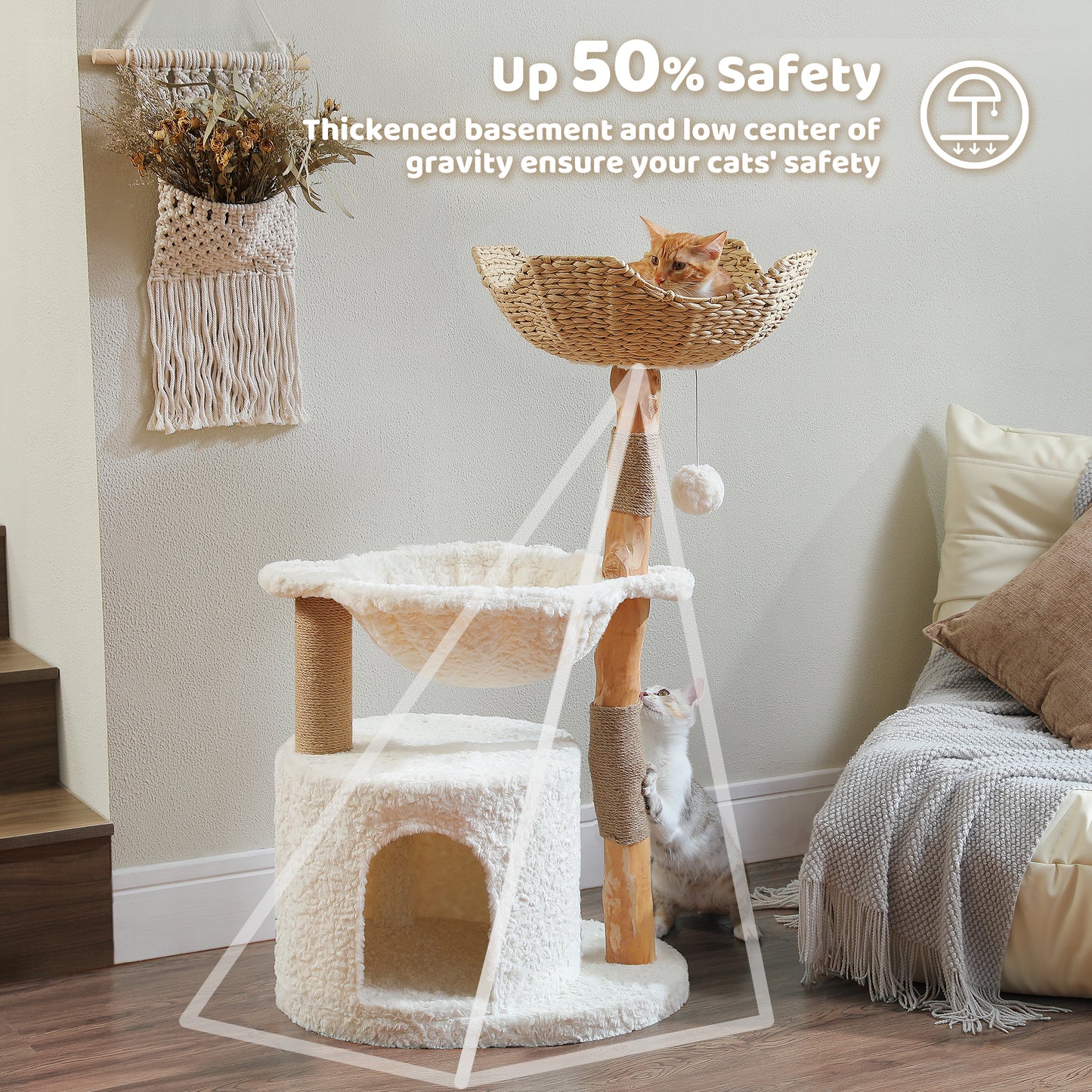 PAWZ Road Modern Cat Tree | 100 cm Solid Wood Cat Tower | White Minimalist Design | With Sisal Scratching Posts