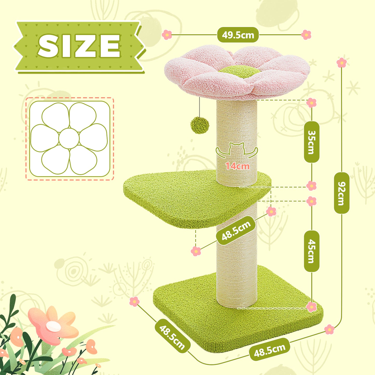 Tiragraffi PAWZ Road Flower 92 cm per gatti di grossa taglia | Con tiragraffi extra spesso [∅14 cm] | Casetta per dormire a forma di fiore integrata | Design di alta qualità per gatti da interno