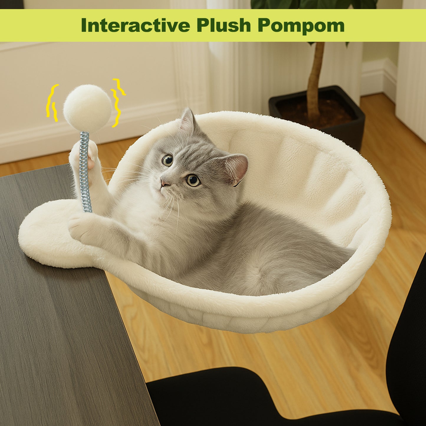 PAWZ Road Katzenbett für den Schreibtisch | mit interaktivem Plüschball | 35 cm Durchmesser | platzsparendes Katzen-Schreibtischbett | weiße Katzenhängematte für Tisch | bis zu 22 kg belastbar